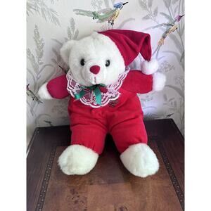 Vintage Christmas White Teddy Bear Plush Red Pajamas Santa Hat Toy House Bow